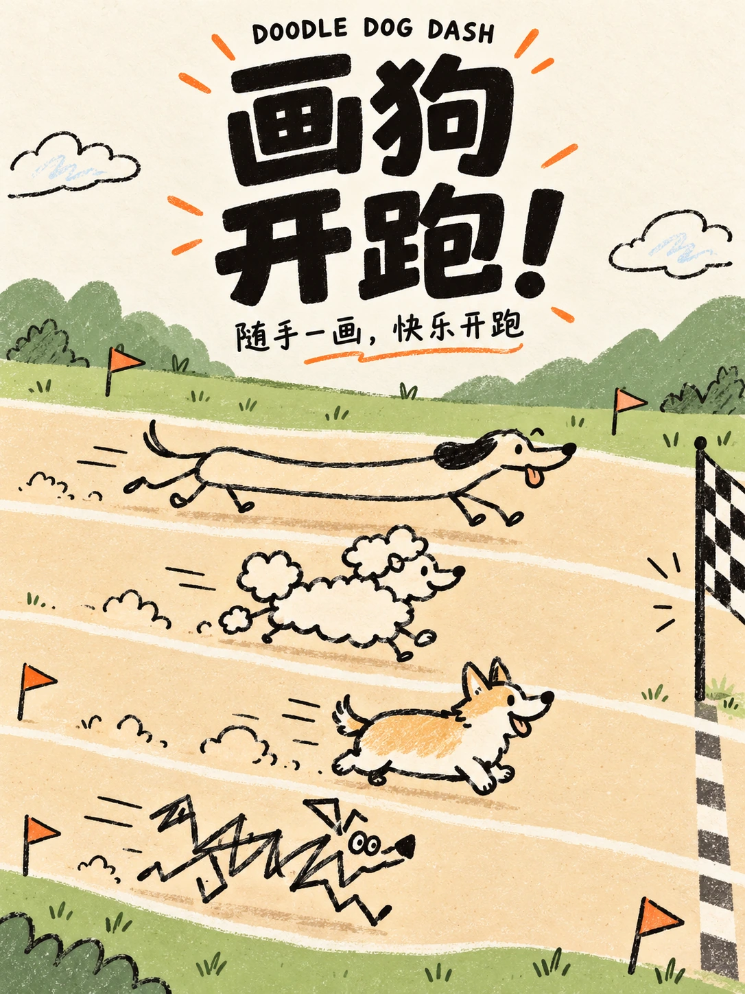 画狗开跑项目封面,手绘小狗在赛道上奔跑